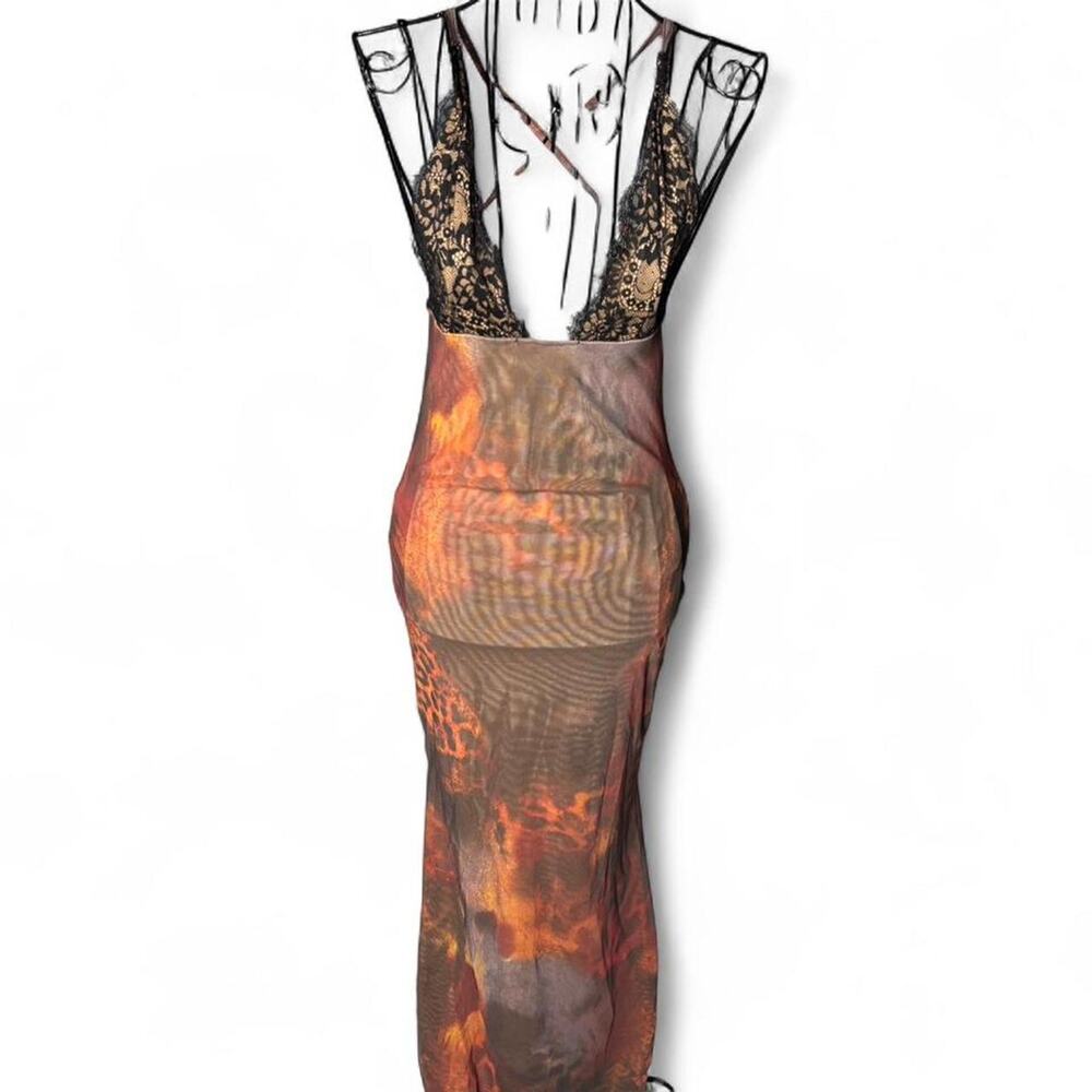 Animal Print Mesh Maxi Dress Sheer Lace Trim Bodice XS fits like a S